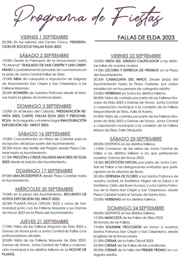 Programa actos Fallas de Elda 2023